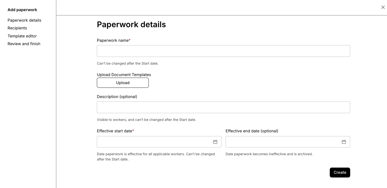 Upload the file and effective start date in Paperwork Details