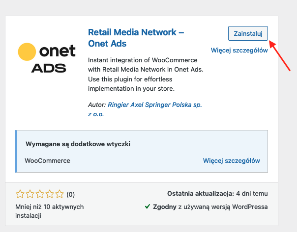 Po wpisaniu w wyszukiwarkę jedną z widocznych opcji powinna być wtyczka Retail Media Network Onet Ads.