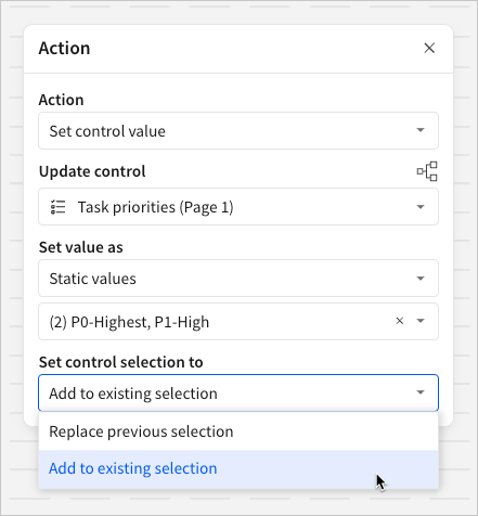 Screenshot of the action configuration, showing the Set control selection to menu open and "Add to existing selection" being selected.