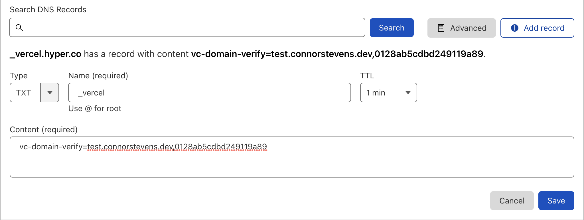 Adding the domain verification record to Cloudflare