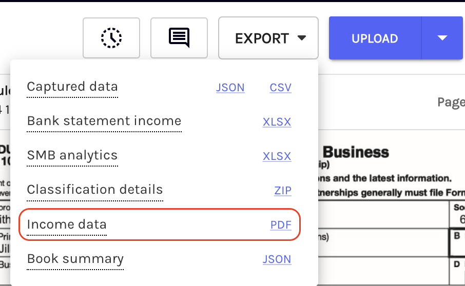 The Export dropdown menu displays different format and data export options for the book. The income calculation worksheet can be printed when selecting the PDF link next to the **Income Data** label.  The Income Data label is highlighted via a red outline for emphasis