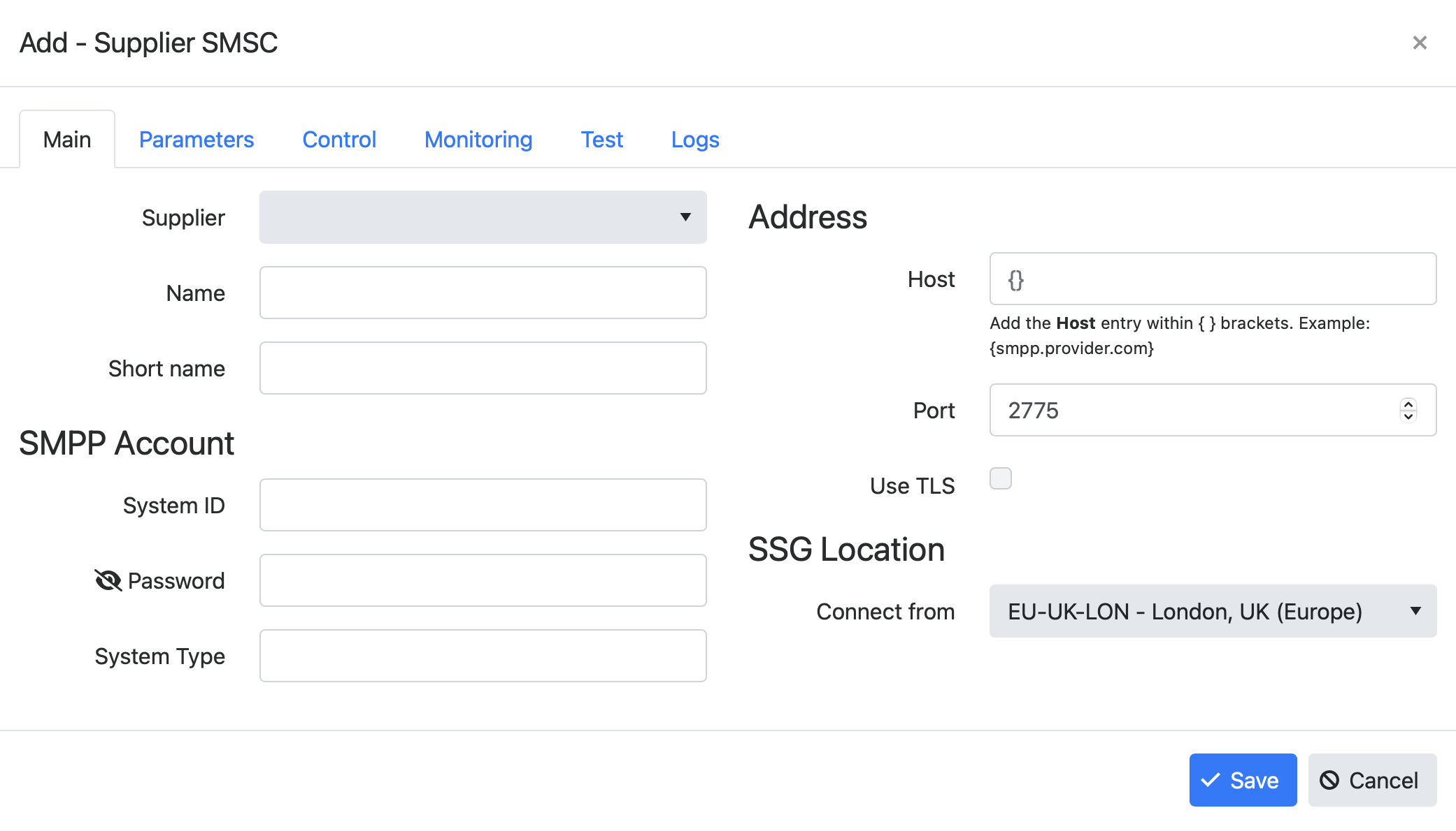 Supplier SMSC configuration dialog (add new SMSC)