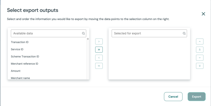 Export output selection panel