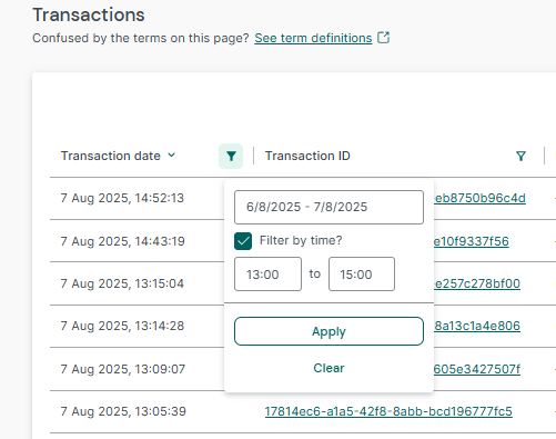 Transaction listing table: Date-time filter