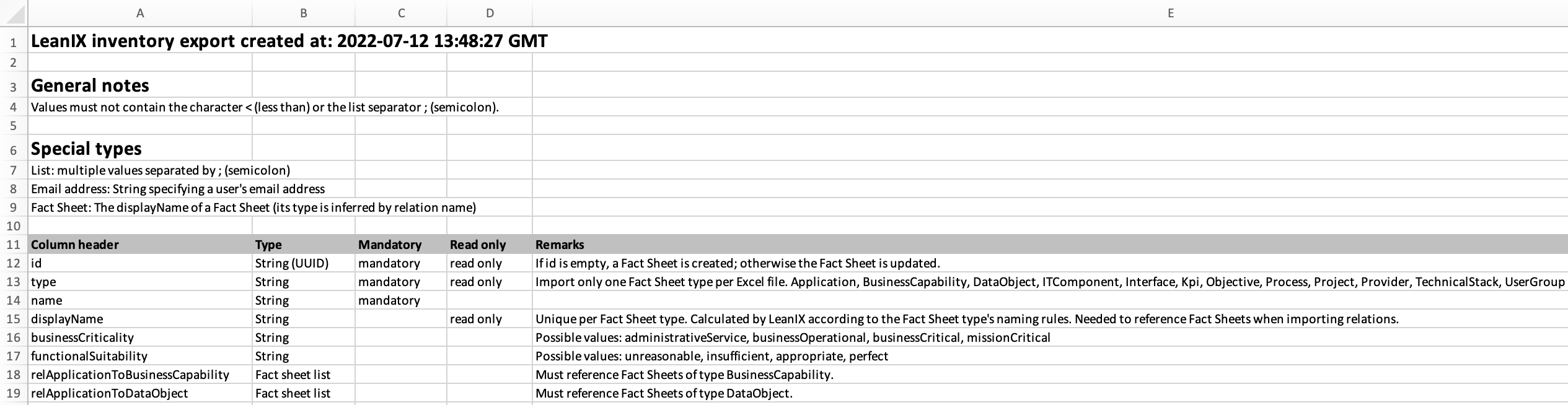 ReadMe sheet detailing the type of information that can be defined in the Excel spreadsheet