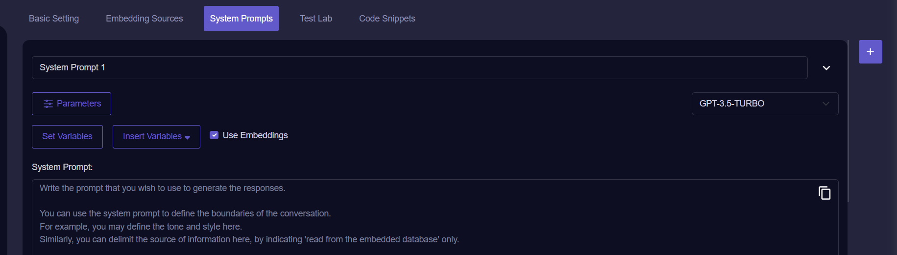 Query Vary - System Prompt with embedding uploaded screen