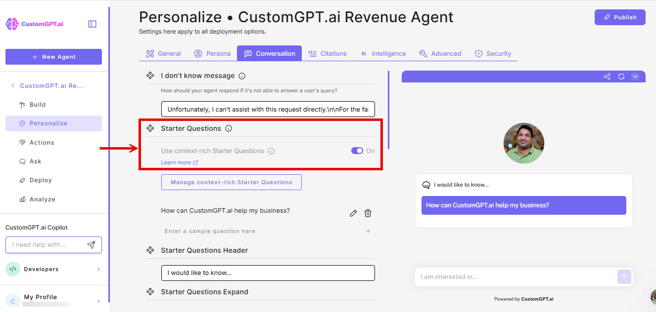 context-rich starter questions toggle on conversations tab