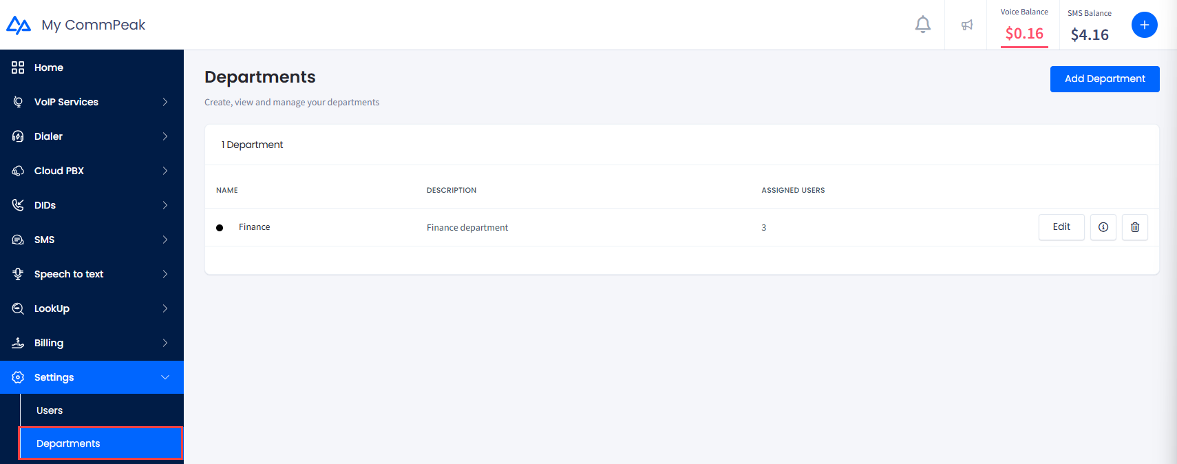 Screenshot of the Departments in the main menu of CommPeak Portal