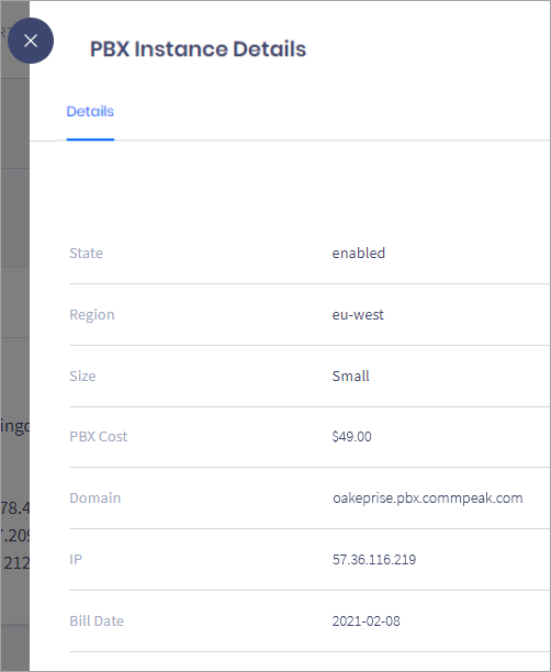 Screenshot of the PBX Instance details side panel