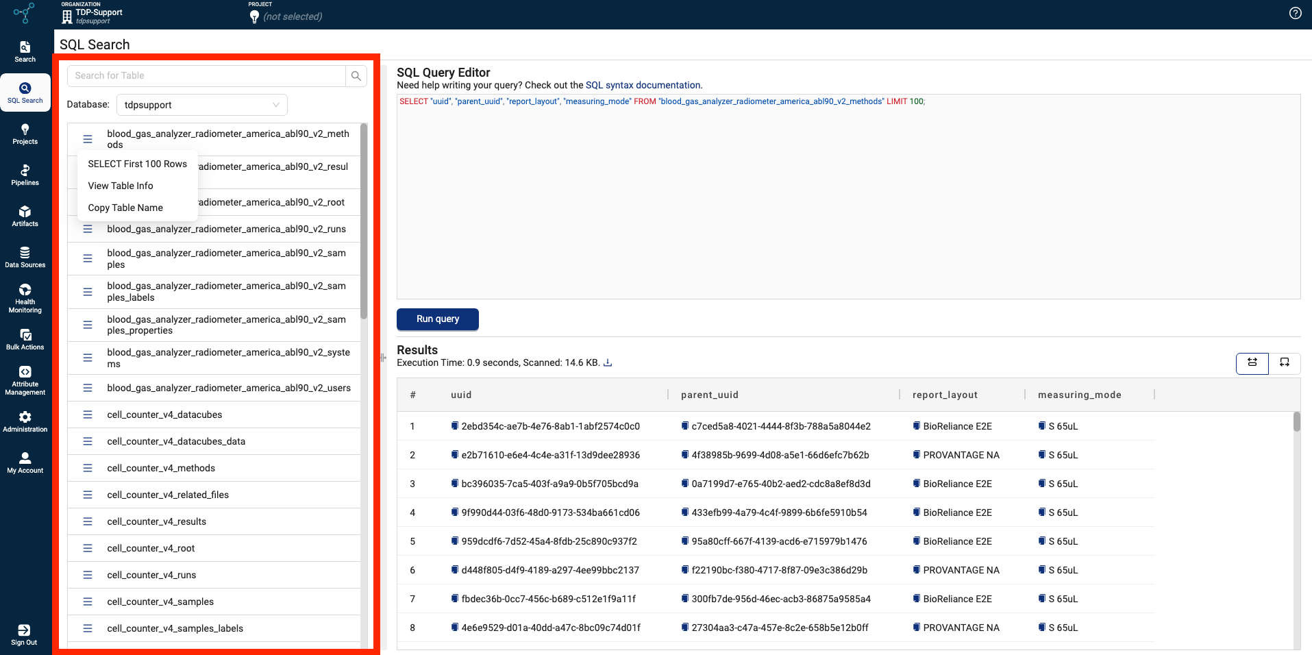 Database selector on the SQL Search page