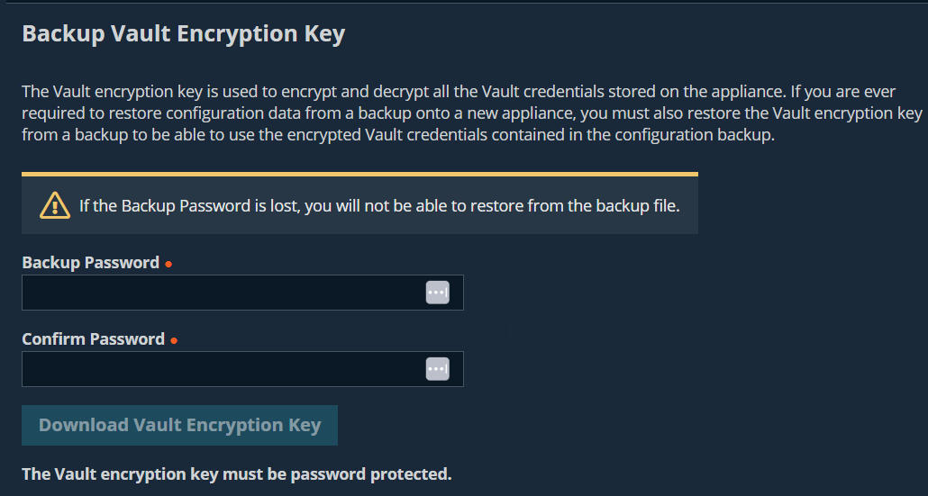 An image of a user interface for backing up a Vault encryption key. The interface includes fields for entering and confirming a backup password, along with a button labeled "Download Vault Encryption Key." A warning message indicates that the Vault encryption key is required to decrypt stored credentials and must be restored along with configuration data. It also notes that losing the backup password will prevent restoration from the backup file