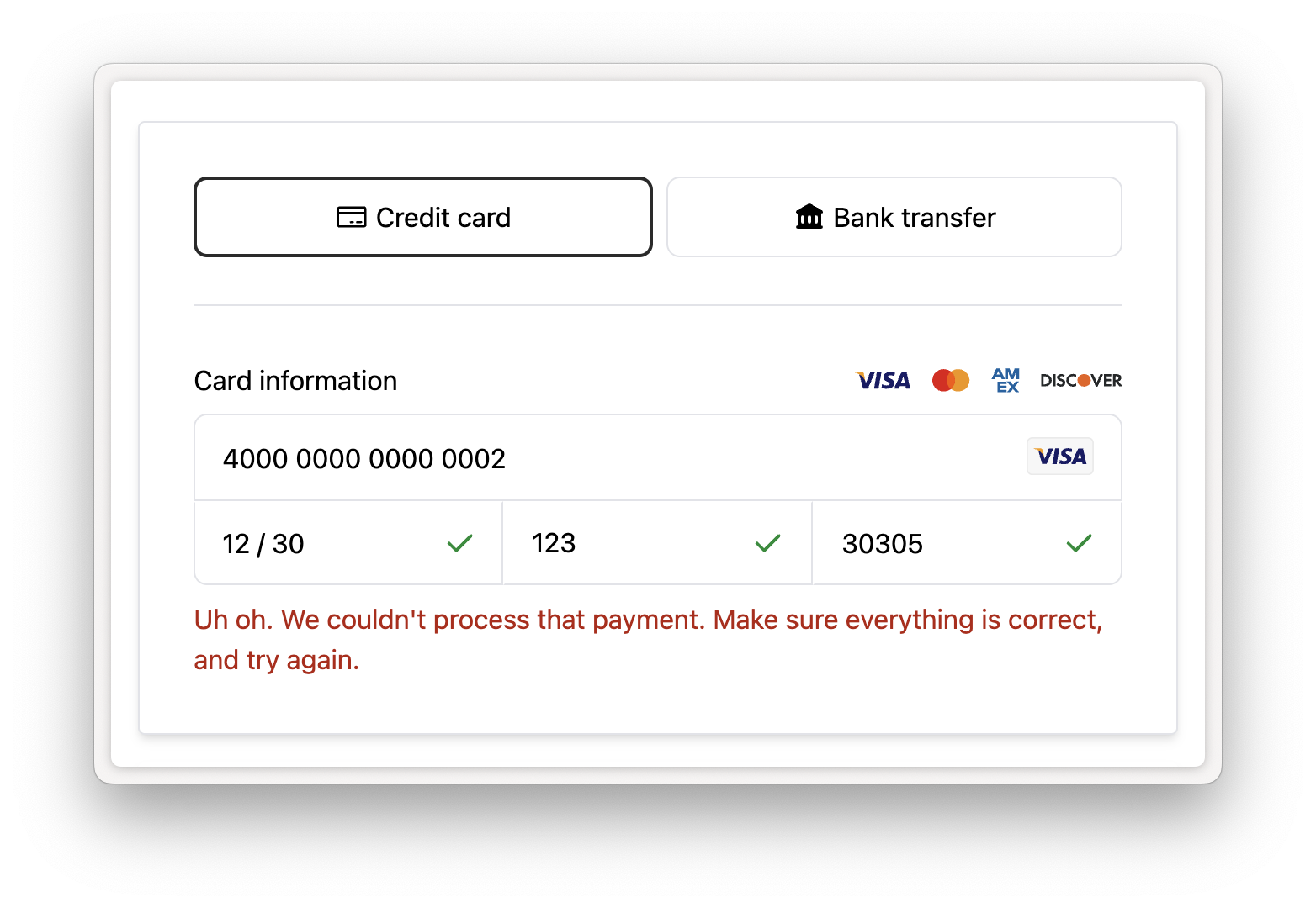 Rainforest Payment Component with the Decline message
