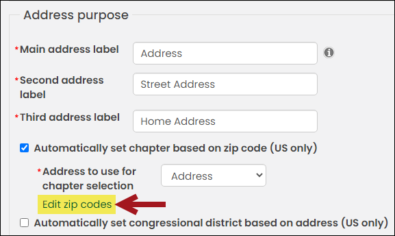 Selecting the edit zip codes link