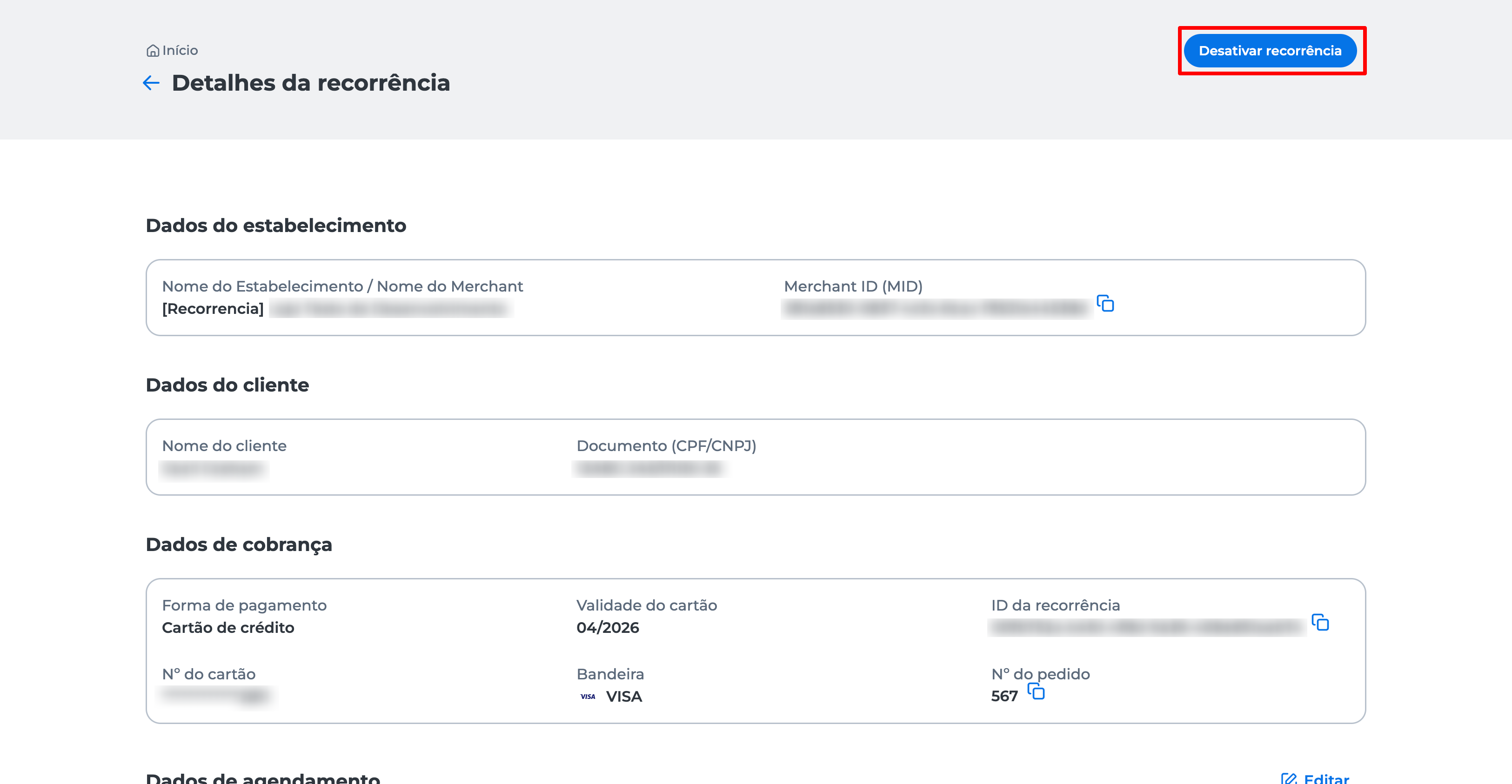 Tela de detalhes da transação recorrente no Portal E-commerce da Cielo, com o botão "Desativar recorrência" em destaque.