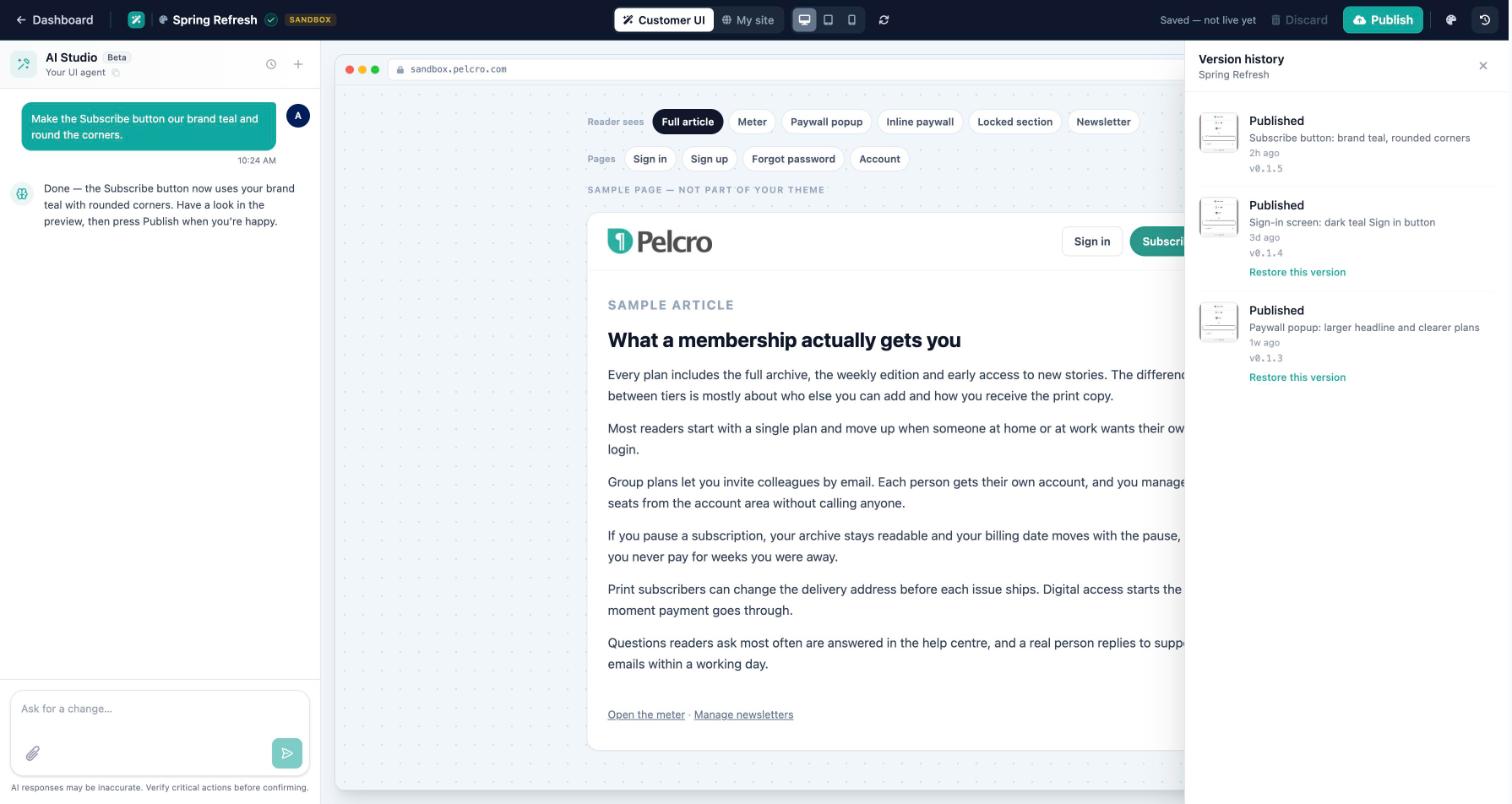 Version history panel listing published versions