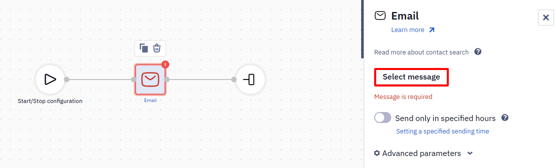 Email block settings with the Select message button highlighted showing a Message is required error