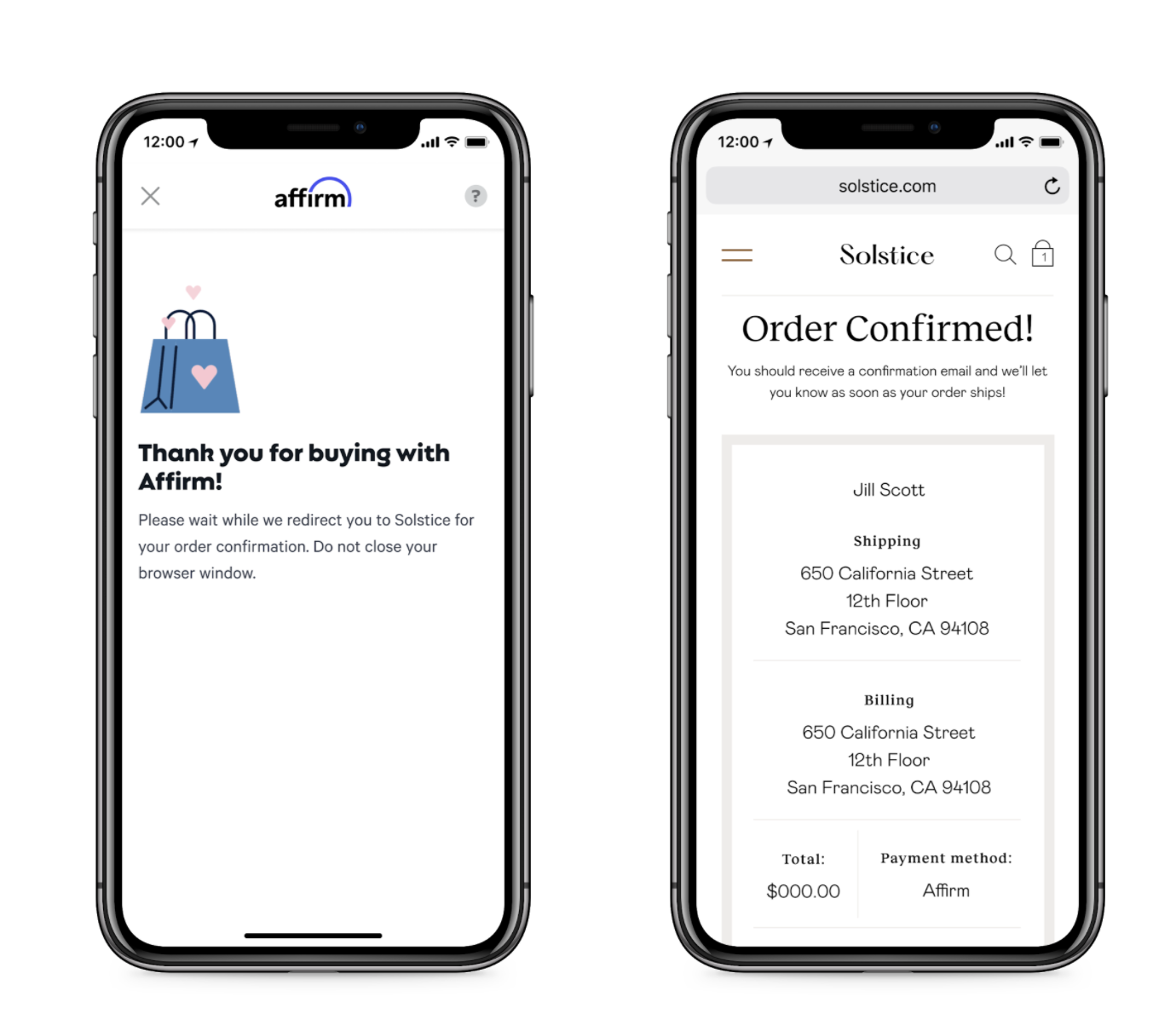 Affirm payment and order confirmed