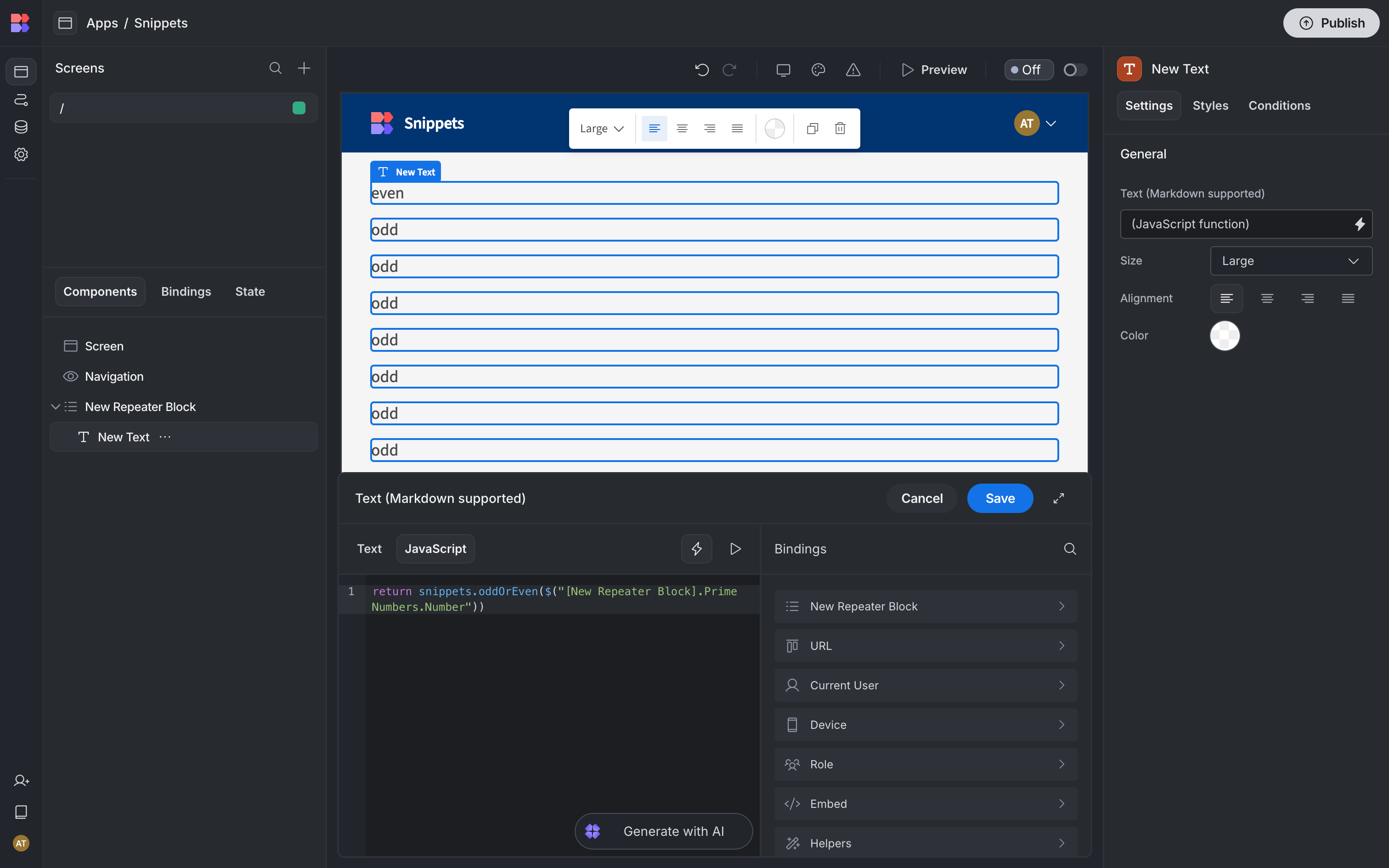 Showcasing how to use a simple snippet with a binding.