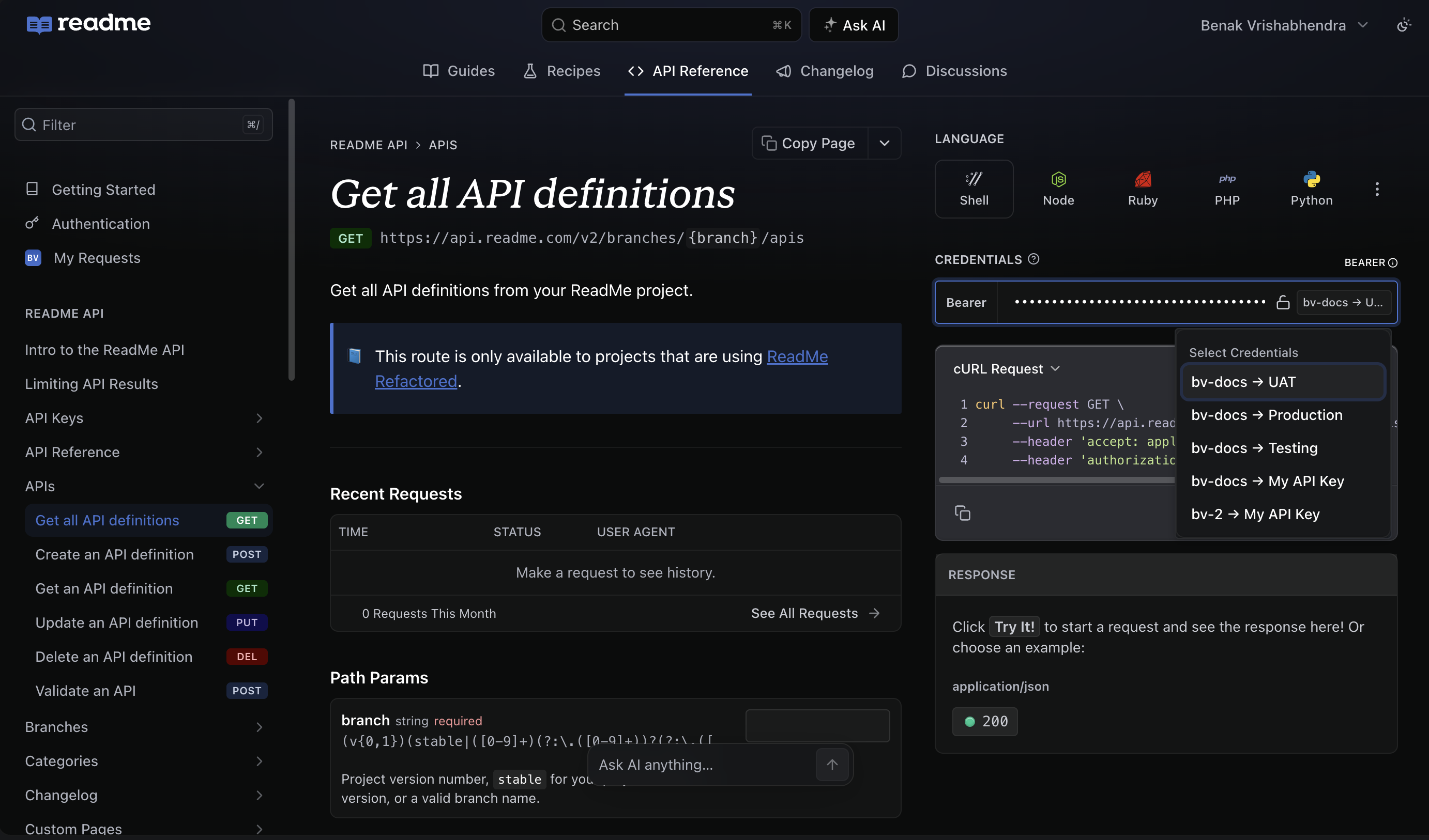 An API reference endpoint in ReadMe. Note the dropdown on the right-hand side. It contains the logged-in user’s list of API keys, which are automatically surfaced so the user can immediately start making authenticated API requests 🚀