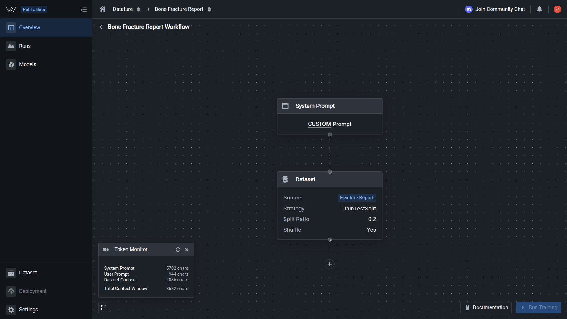 The Dataset node shows your dataset name, split ratio, and shuffle setting. No warning icons are visible on the node.