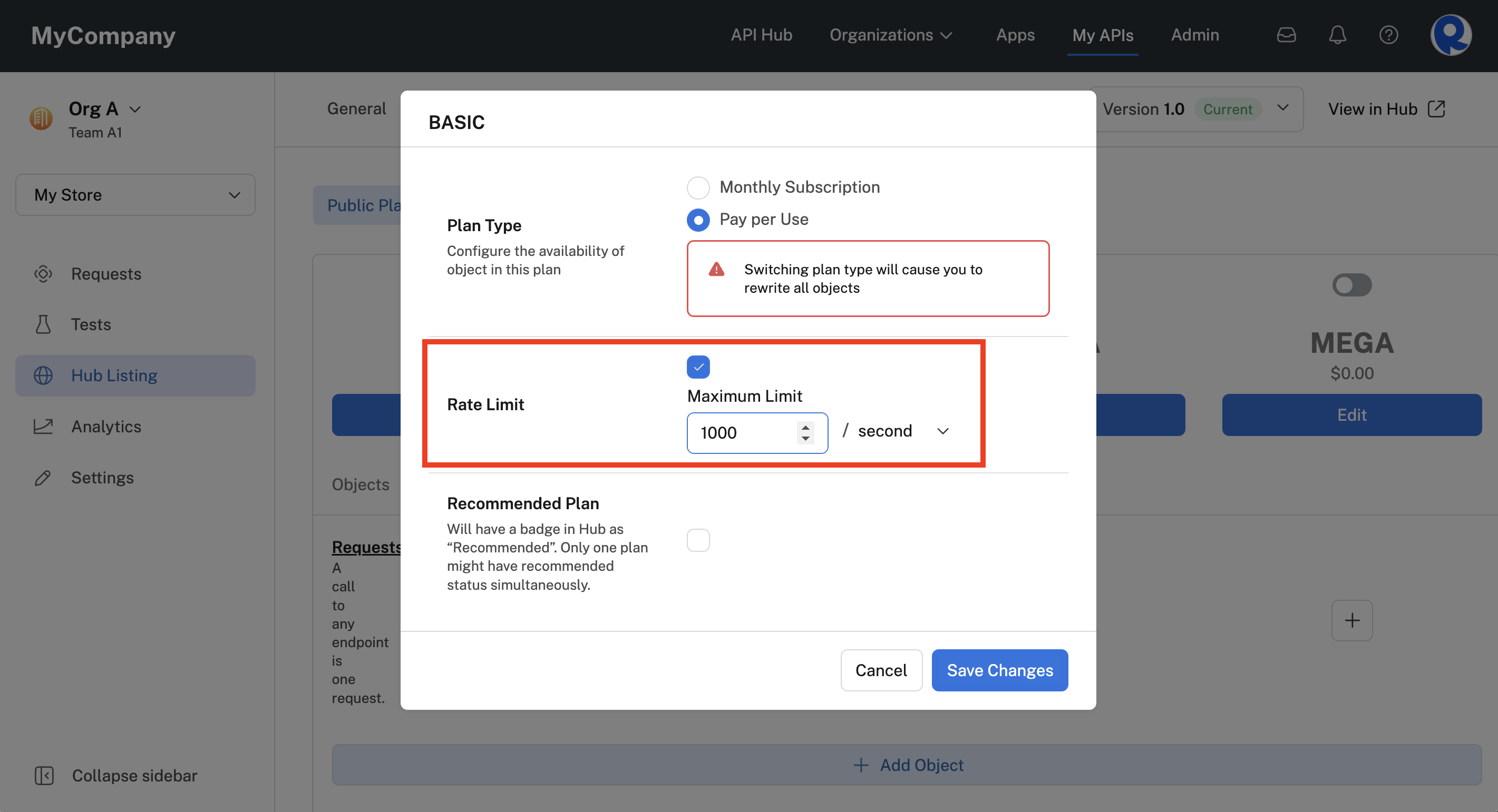 Specifying a rate limit for a plan.