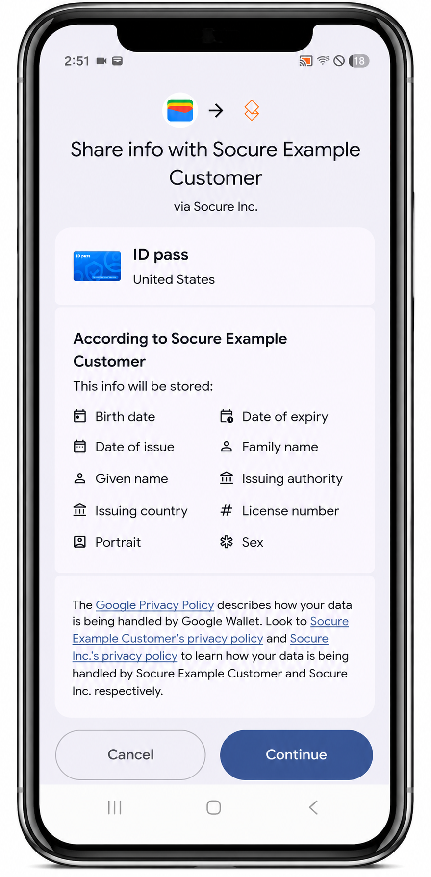 Digital Wallet Consent: The consumer reviews the identity attributes that will be shared from their mobile wallet and authorizes the transfer to your application.
