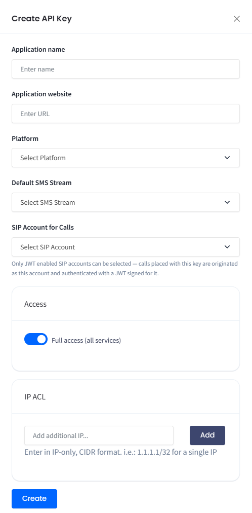 Screenshot of Create API Key side menu