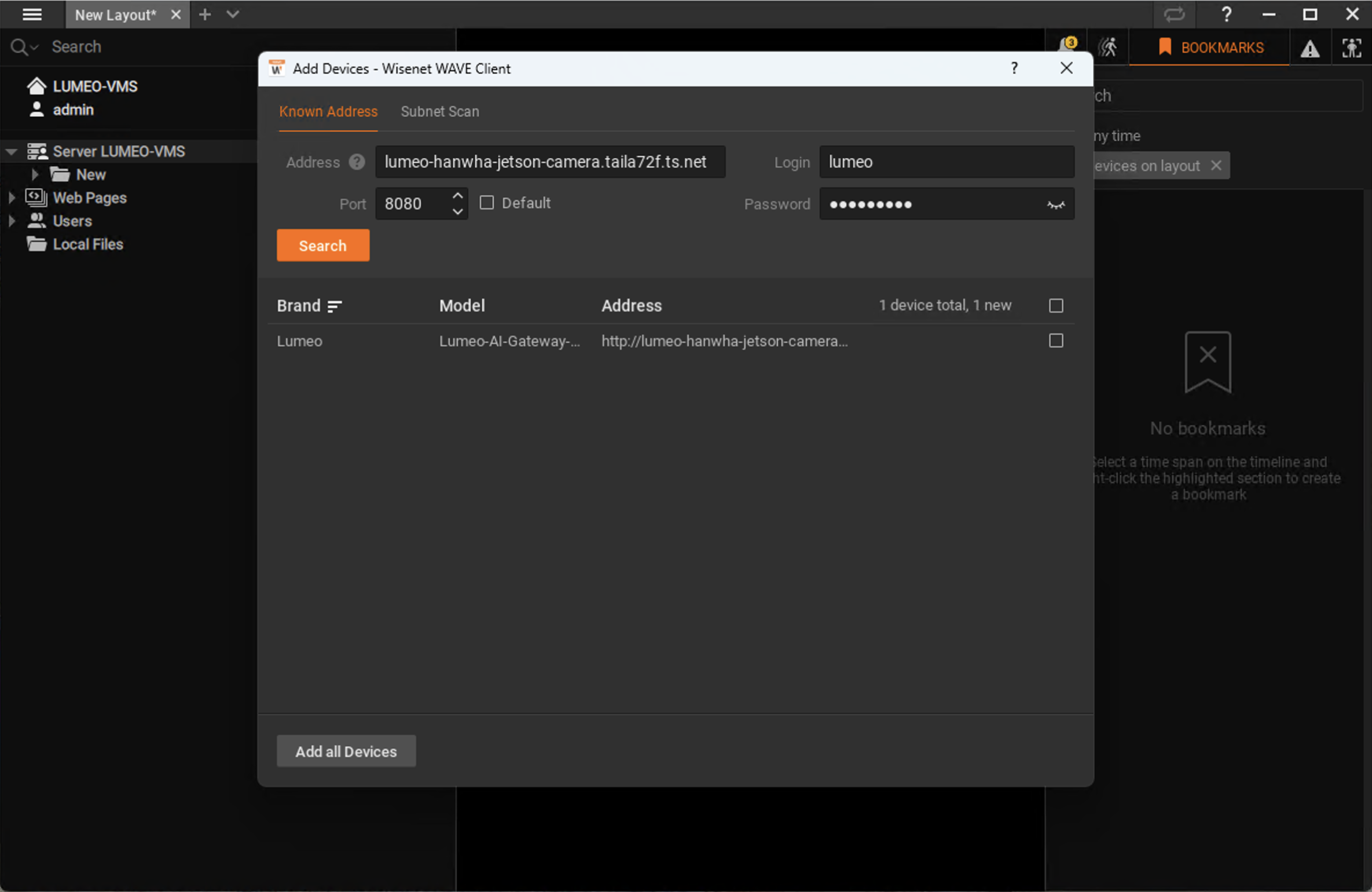 Check box next to the discovered device, which will have the model "Lumeo-AI-Gateway". Click Add all devices.