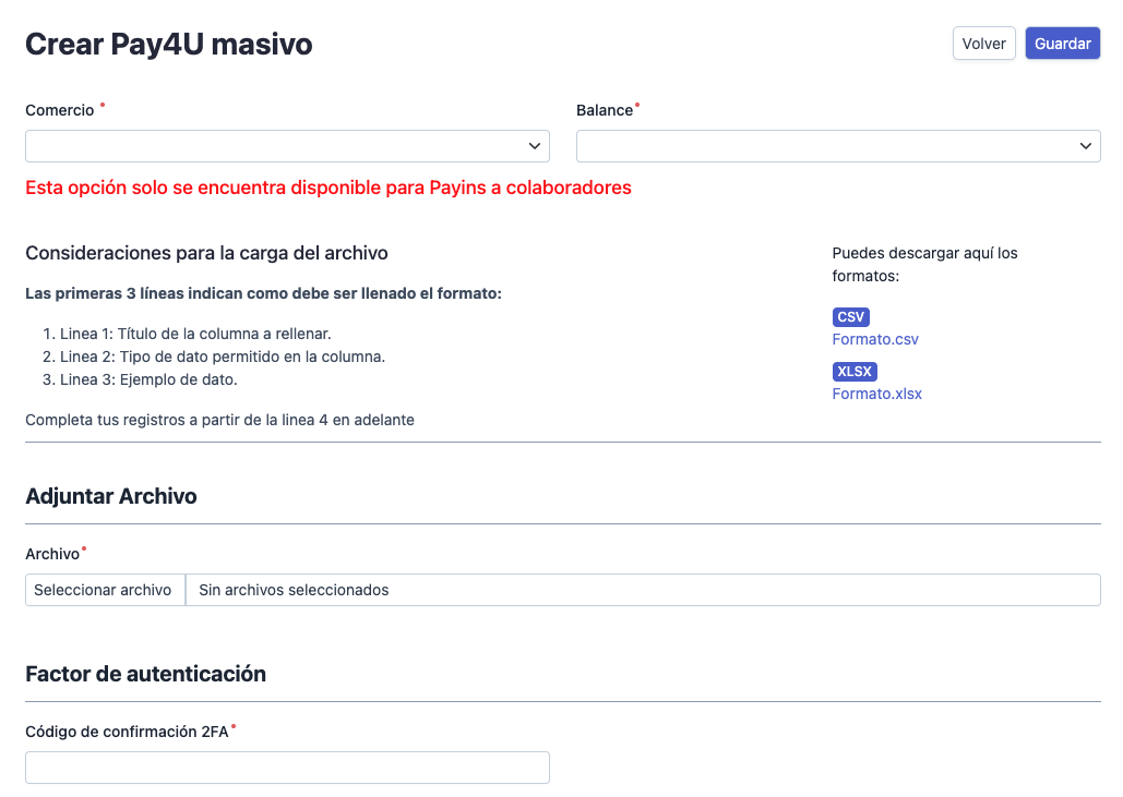 Formulario crear Pay4U masivo