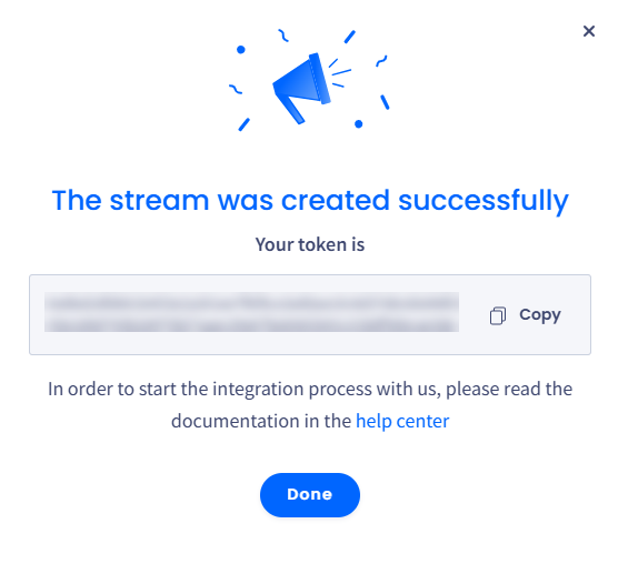 Screenshot with a pop-up providing a stream authorization token