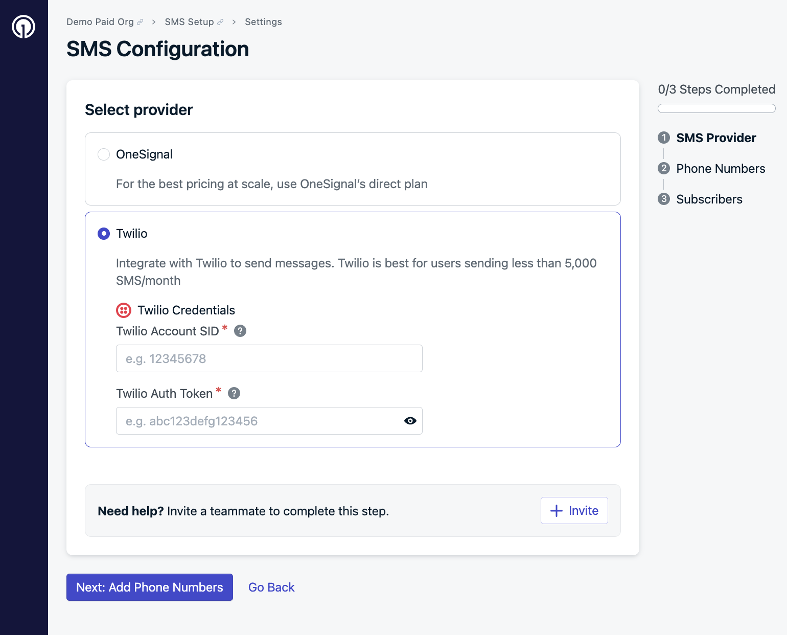 Image above shows SMS Configuration Screen - Twilio Details