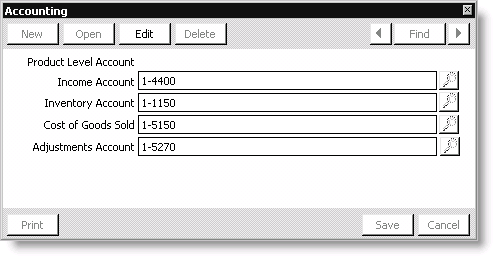 From Orders, select Manage inventory > Manage products, select a product from the list of Current Products, and click Accounting