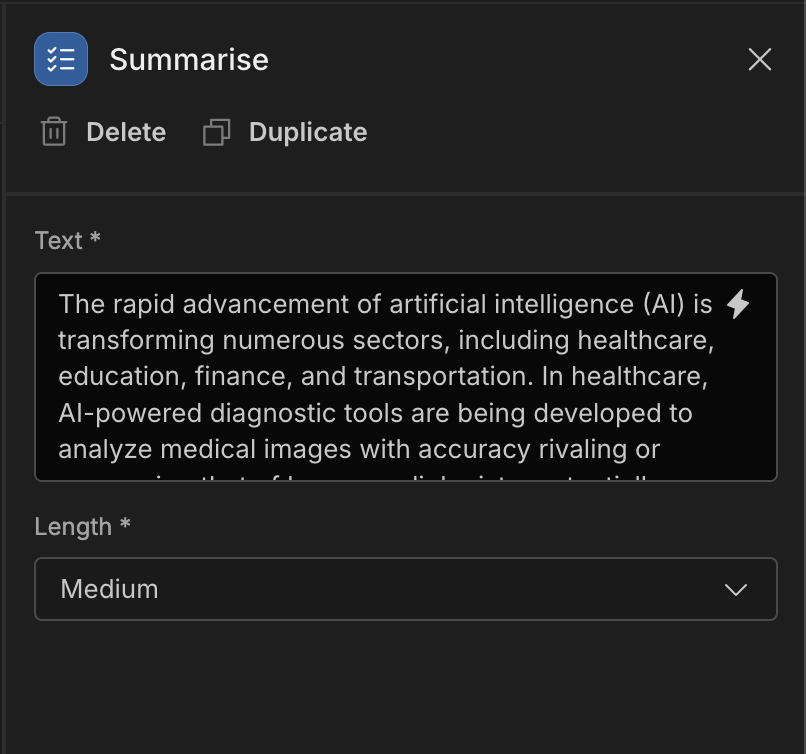 The automation step for the ai summarise field