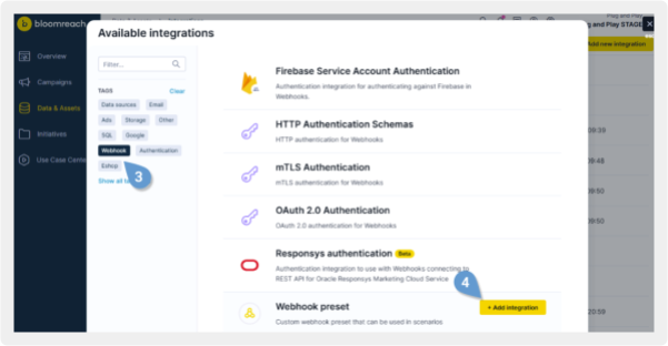 Webhooks filter applied with Add integration button next to Webhook preset.