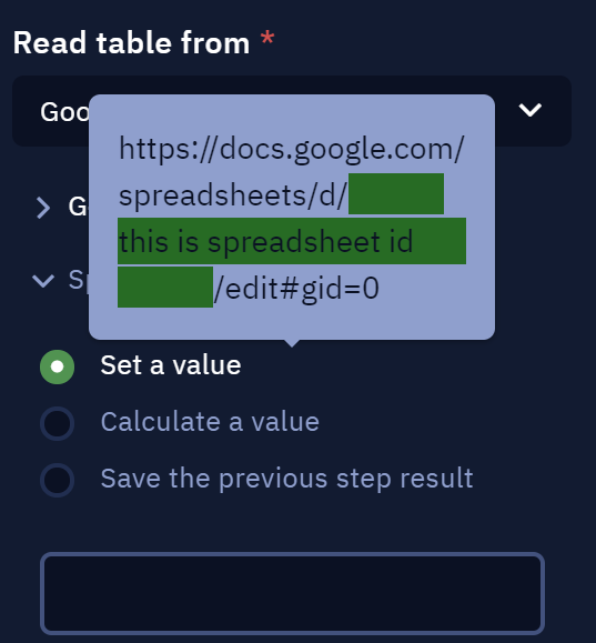 Tooltip showing how to input the table ID
