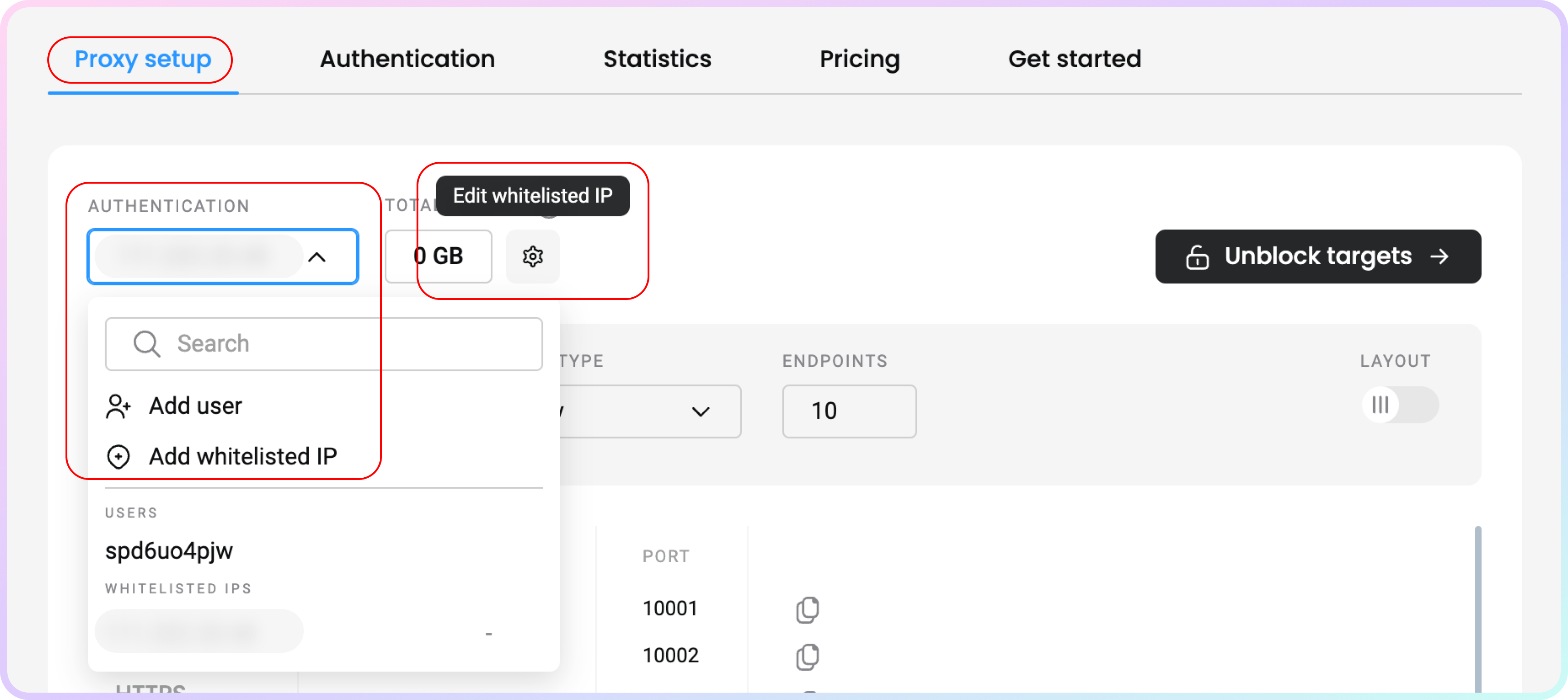 Proxy section – whitelisted IP management.