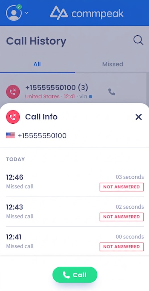 Screenshot of the missed call information