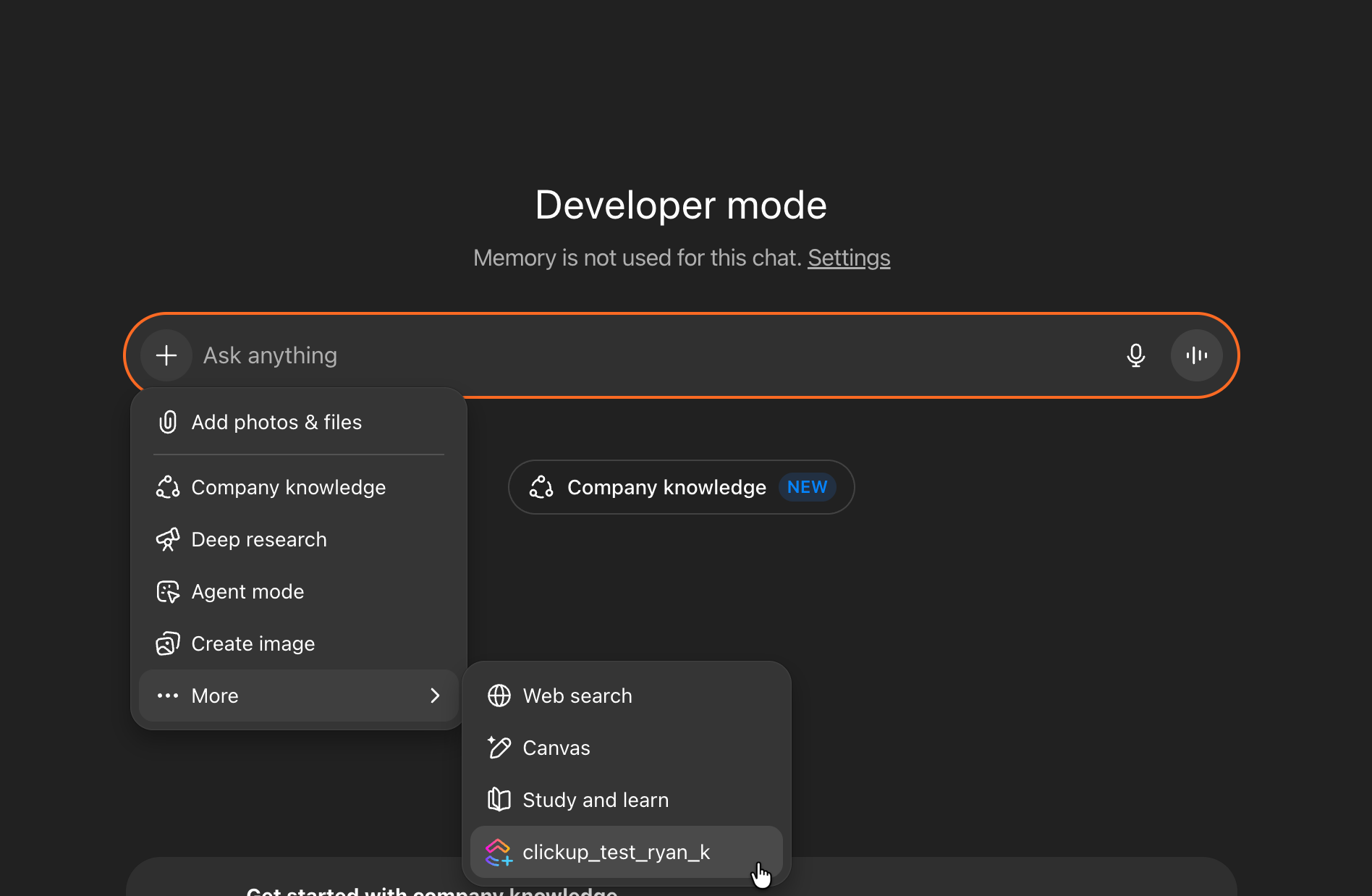 Screenshot of the option to select ClickUp's MCP server from ChatGPT.