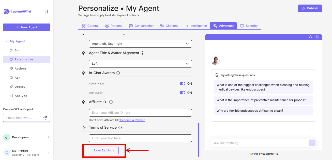 Save settings button in the advanced tab
