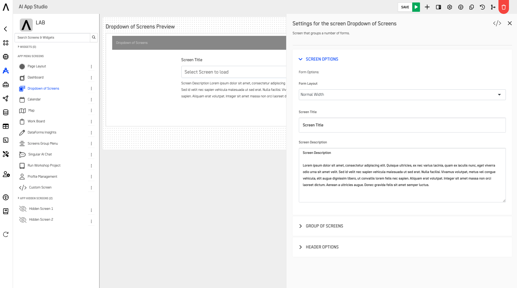 Dropdown of Screens