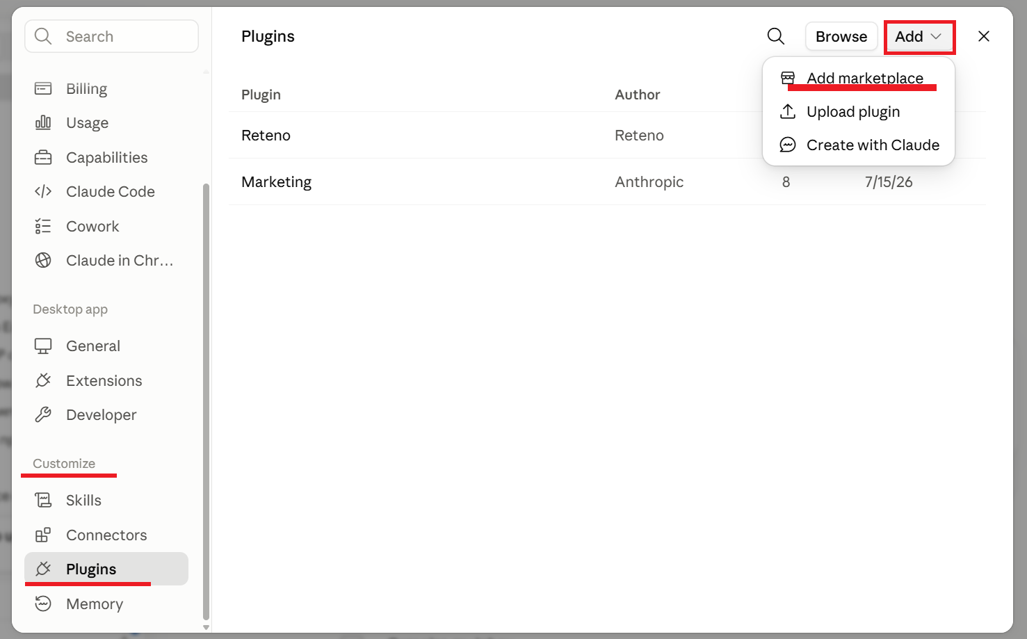 Add marketplace option in the Claude Cowork plugin settings