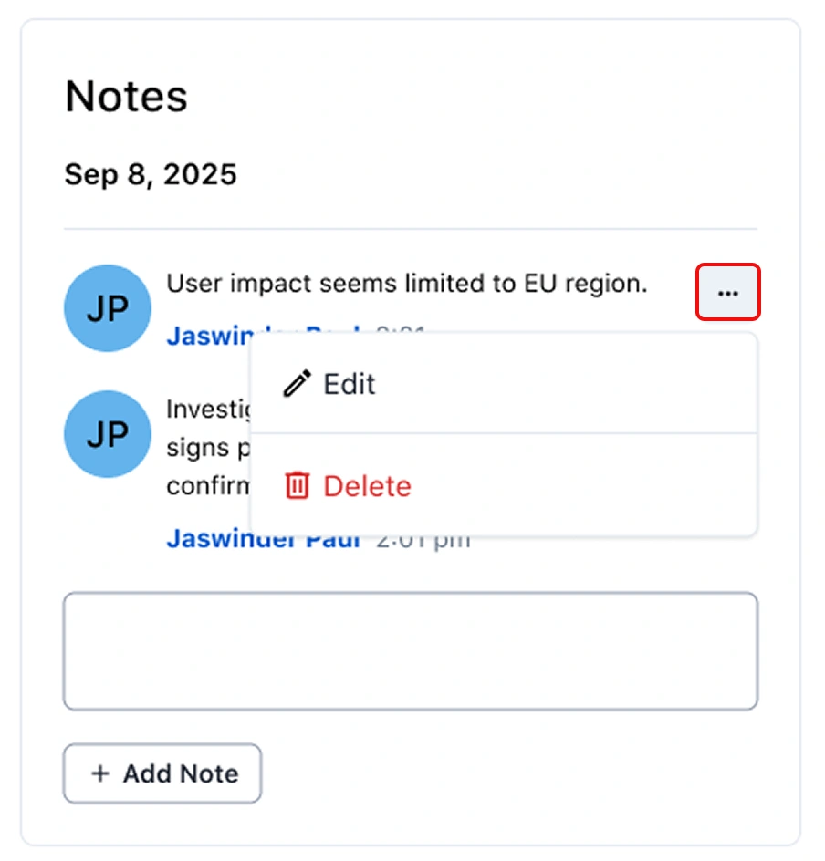 Add a note in the web app A screenshot of the PagerDuty web app showing how to add a note to an incident
