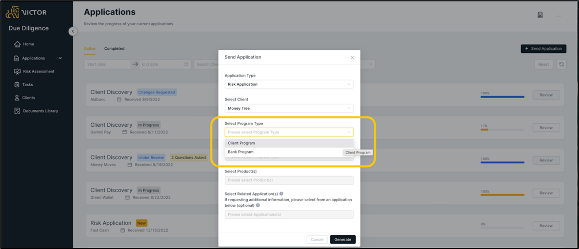 Figure 4. Send application modal - program type