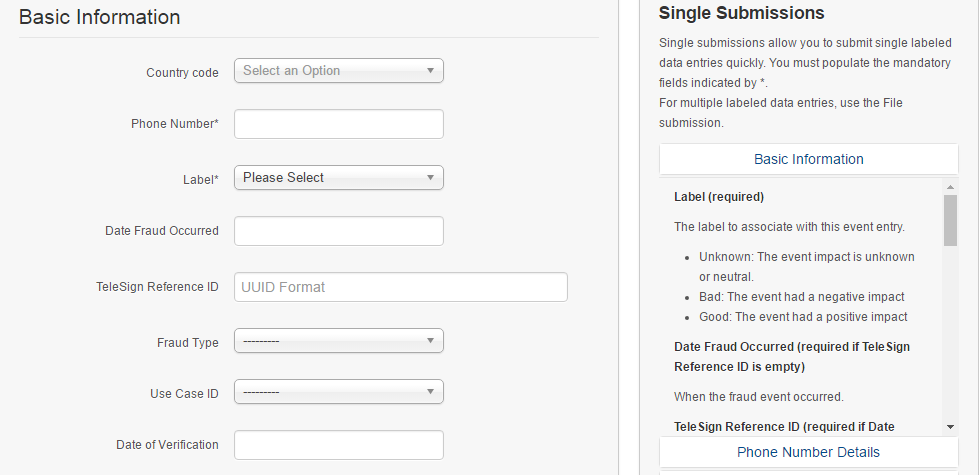 A screenshot of the Basic Information section of the Single Submissions form.