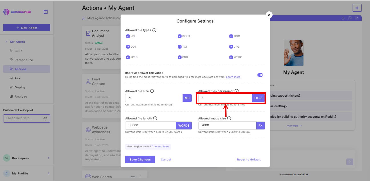 Screenshot of Allowed file per prompt input field in the configure settings of Document Analyst