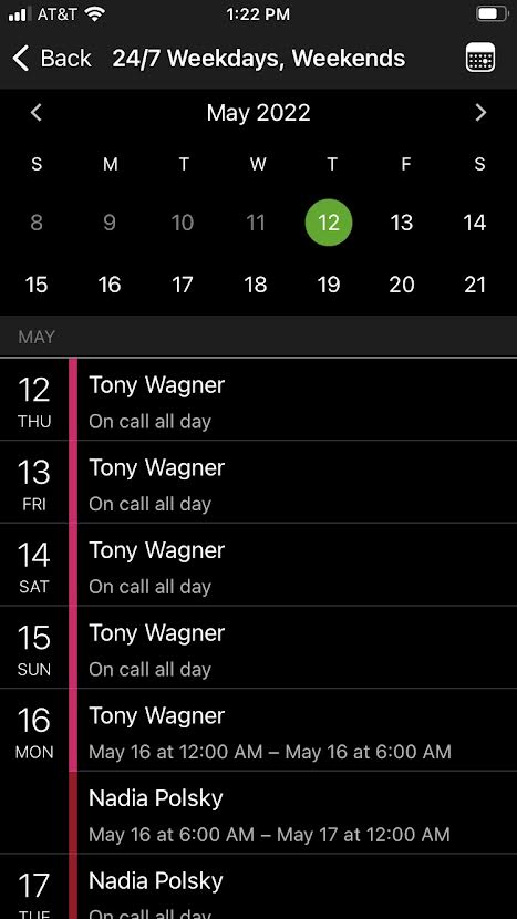 A screenshot of the PagerDuty mobile app showing a schedule's detailed view