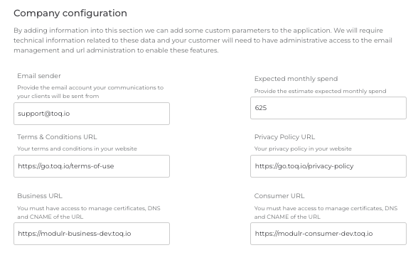 Modulr expected monthly spend field in Admin portal