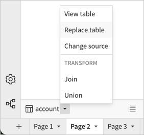 Workbook source selector menu showing replace table option