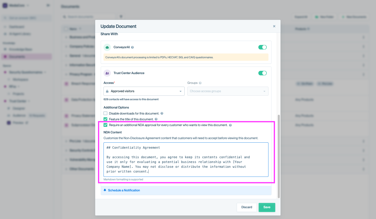 Update Document modal in Conveyor with the ‘Require an additional NDA’ checkbox selected and a text editor for entering NDA content highlighted.