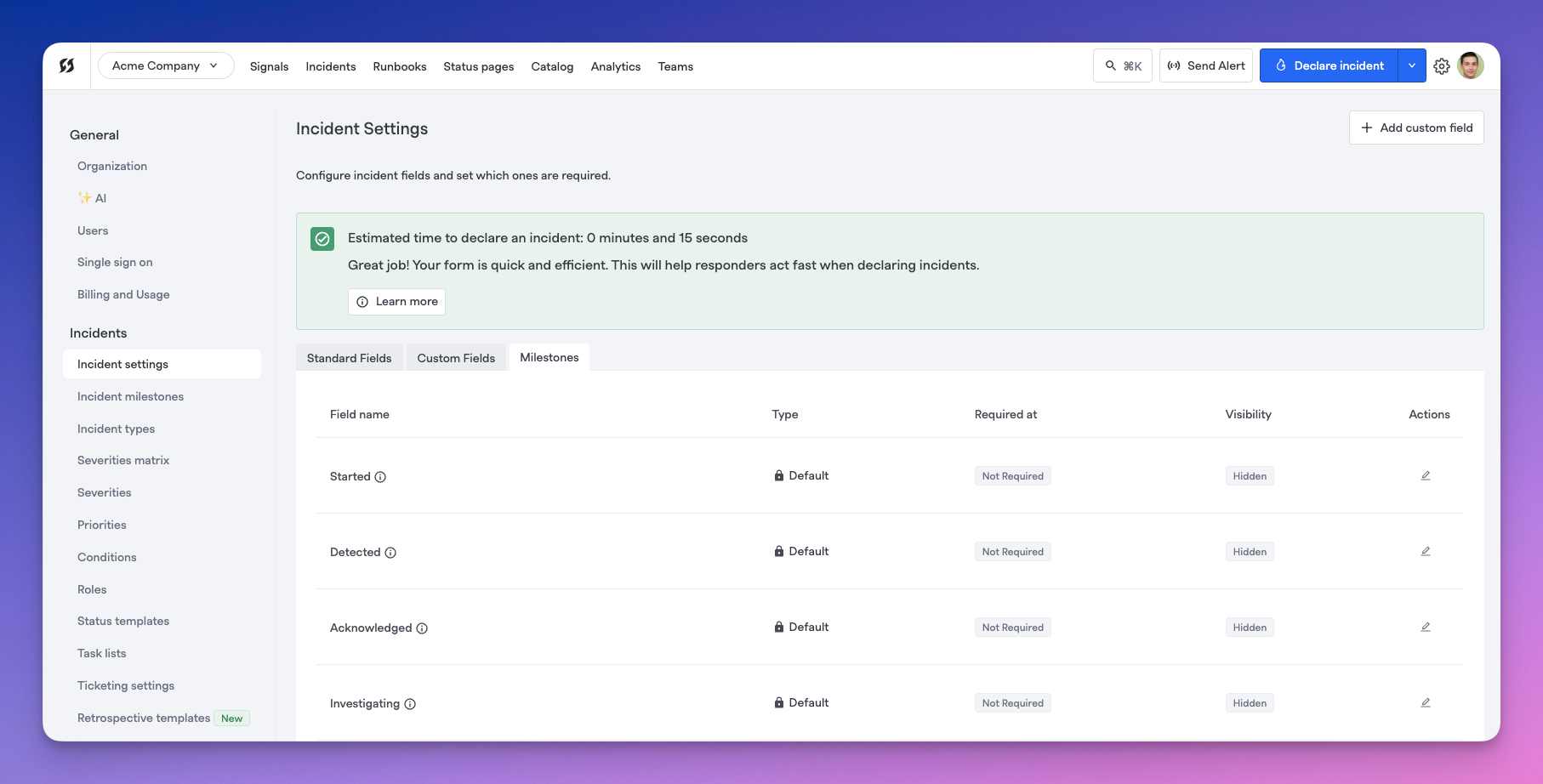 Milestones requirements in Incident settings